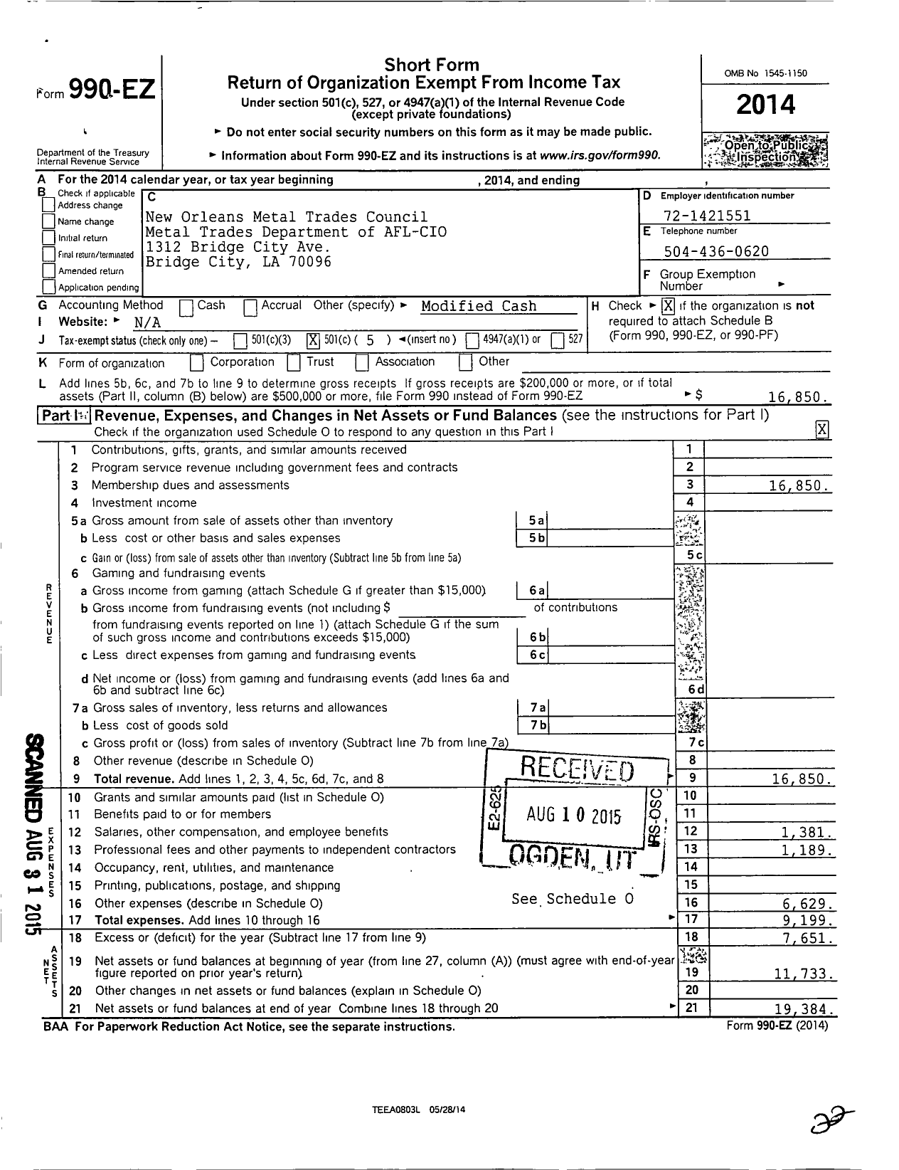 Image of first page of 2014 Form 990EO for AFL-CIO - New Orleans Metal Trades Council