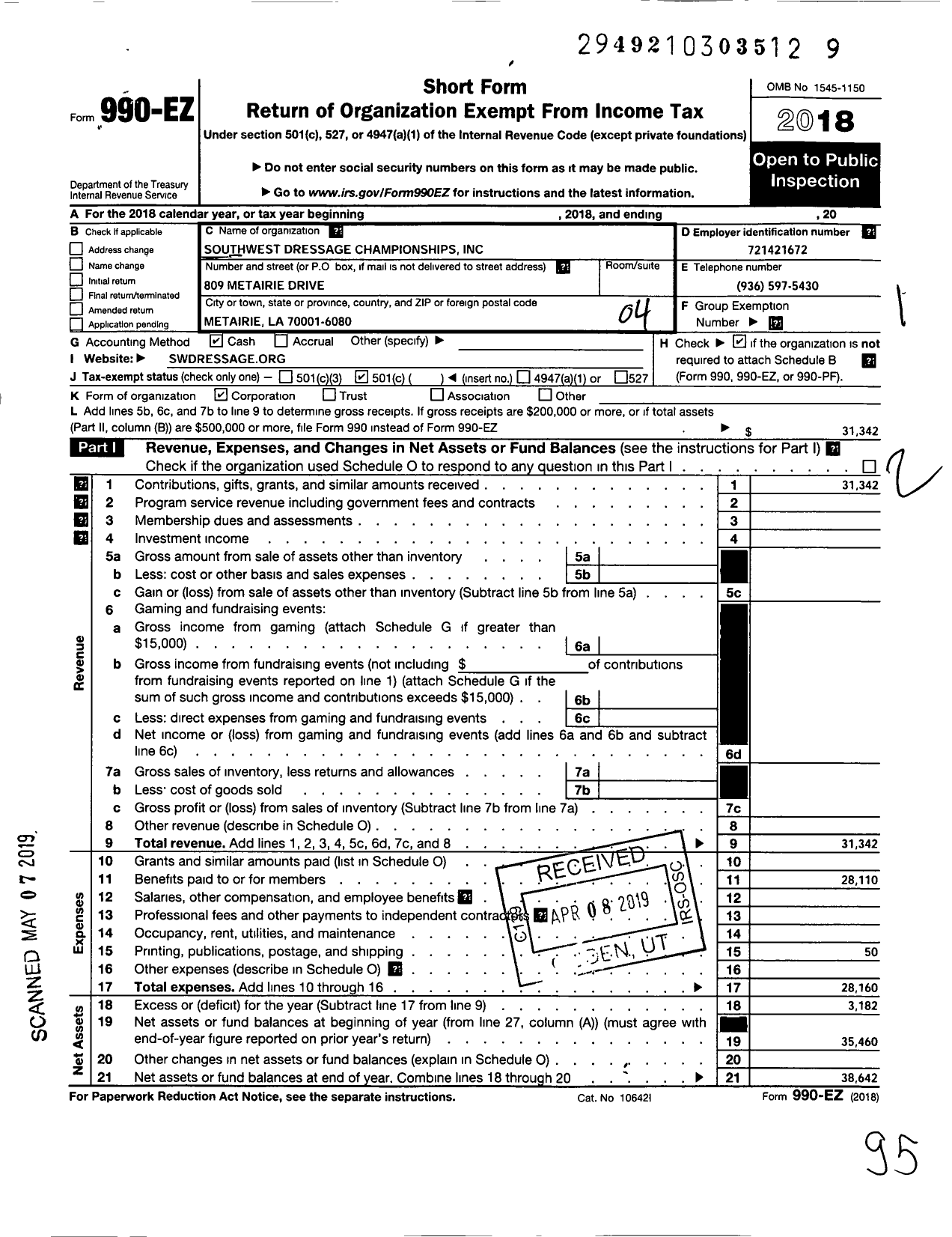 Image of first page of 2018 Form 990EO for Southwest Dressage Championships