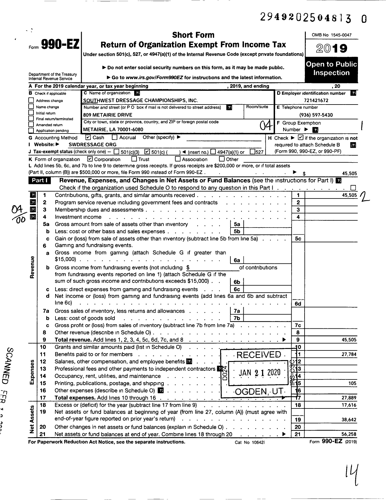 Image of first page of 2019 Form 990EO for Southwest Dressage Championships