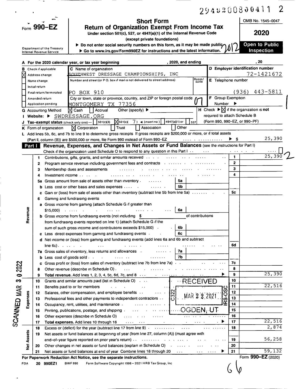 Image of first page of 2020 Form 990EO for Southwest Dressage Championships
