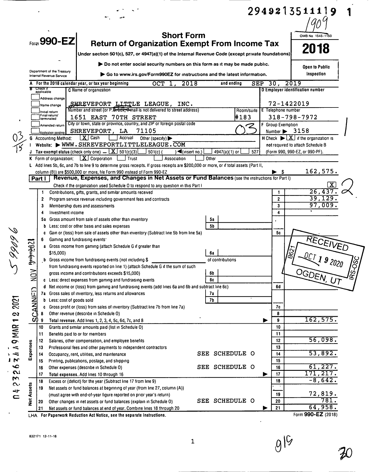 Image of first page of 2018 Form 990EZ for Little League Baseball - 3180407 Southeast Shreveport LL