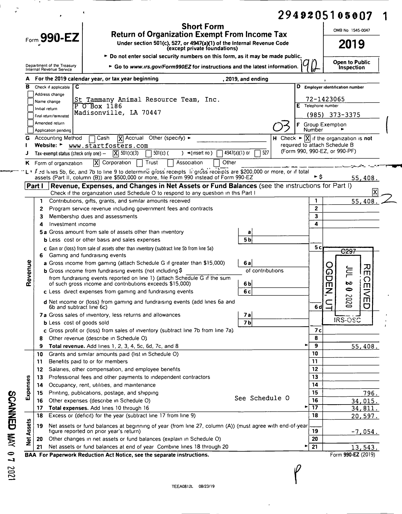 Image of first page of 2019 Form 990EZ for St Tammany Animal Resource Team