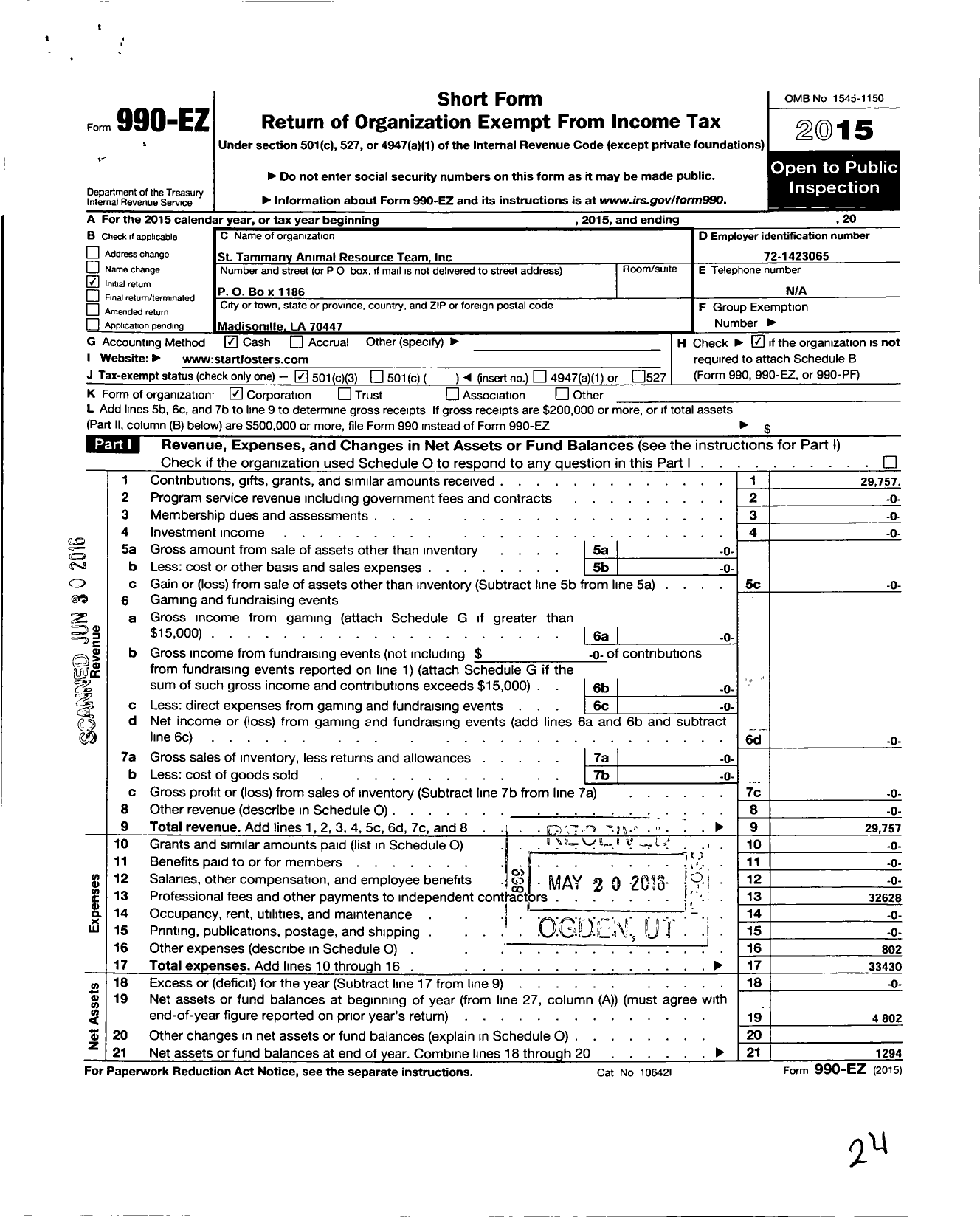 Image of first page of 2015 Form 990EZ for St Tammany Animal Resource Team