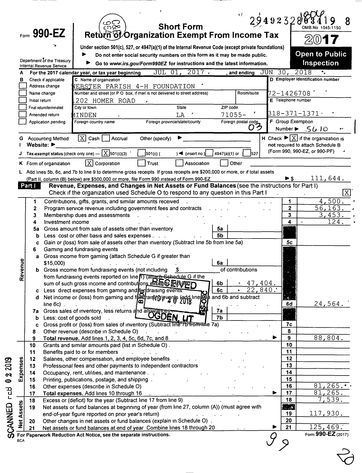 Image of first page of 2017 Form 990EZ for Webster Parish 4-H Foundation