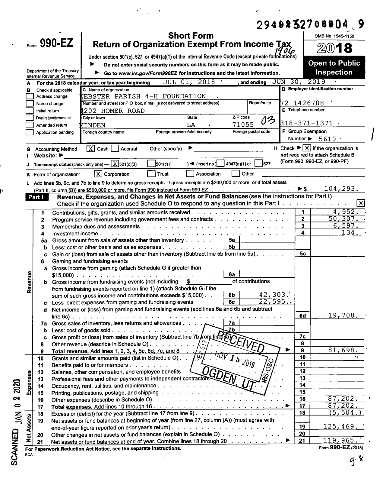 Image of first page of 2018 Form 990EZ for Webster Parish 4-H Foundation