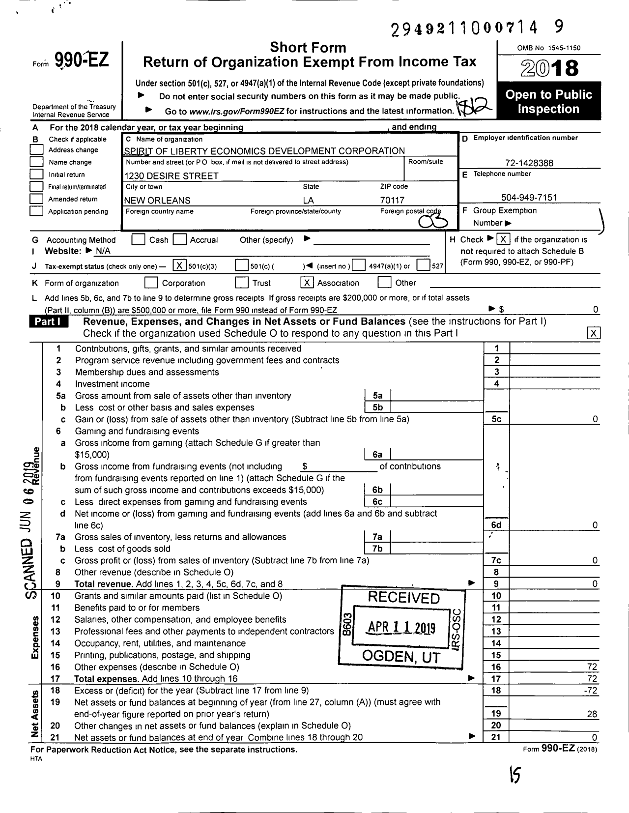 Image of first page of 2018 Form 990EZ for Spirit of Liberty Economics Development Corporation