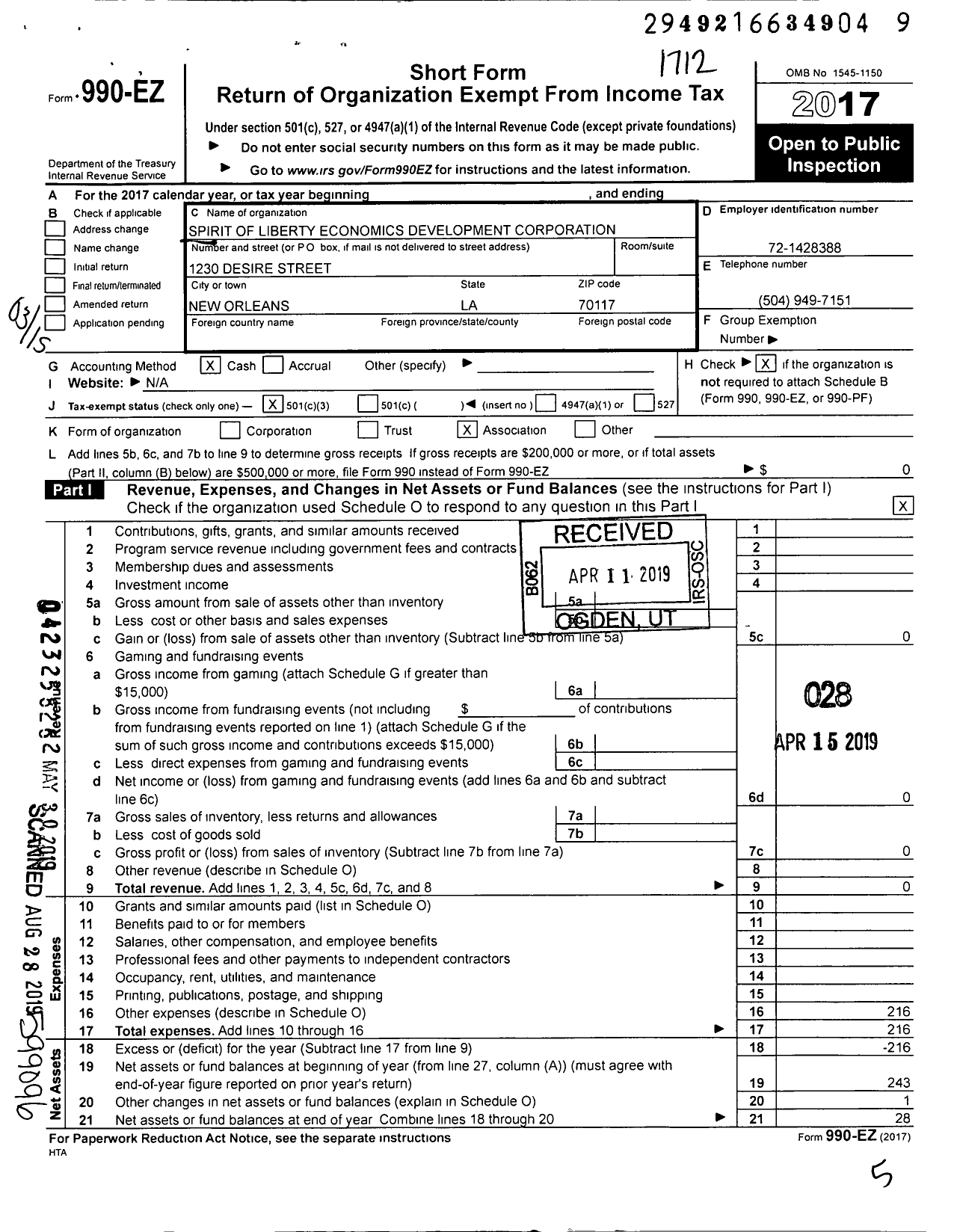 Image of first page of 2017 Form 990EZ for Spirit of Liberty Economics Development Corporation