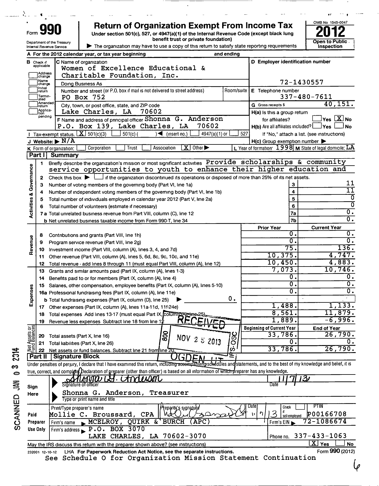 Image of first page of 2012 Form 990 for Women of Excellence Educational and Charitable Foundation