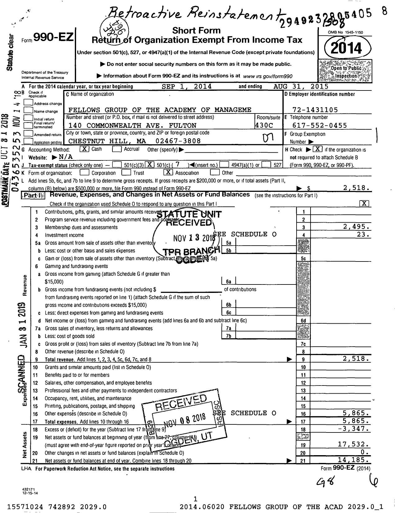 Image of first page of 2014 Form 990EO for Fellows Group of the Academy of Management