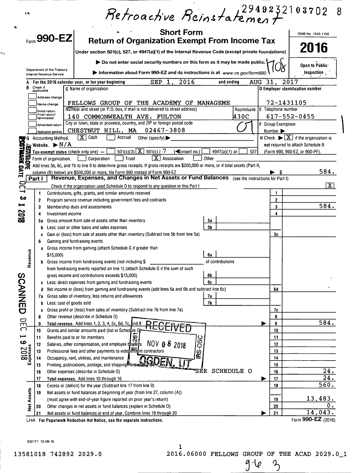 Image of first page of 2016 Form 990EO for Fellows Group of the Academy of Management