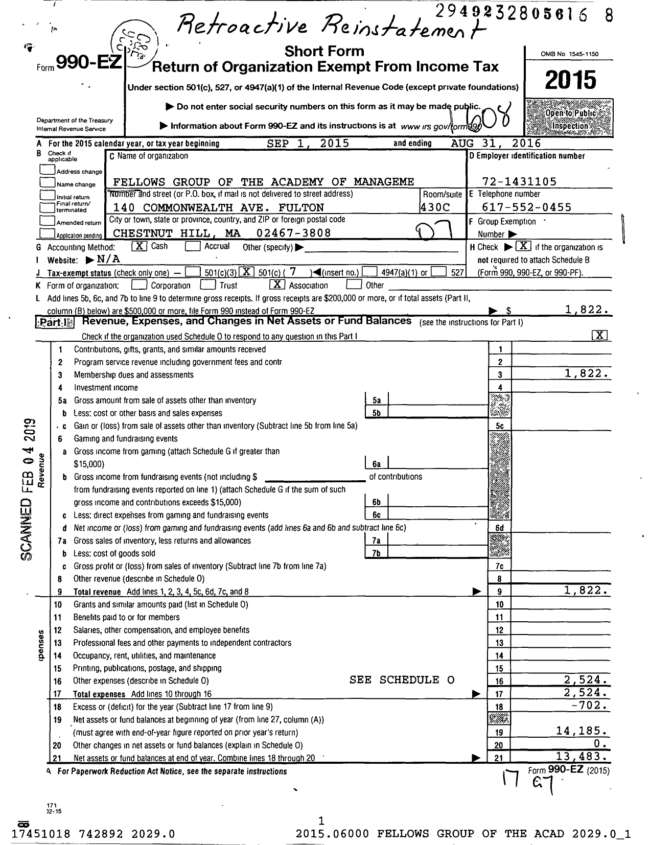 Image of first page of 2015 Form 990EO for Fellows Group of the Academy of Management