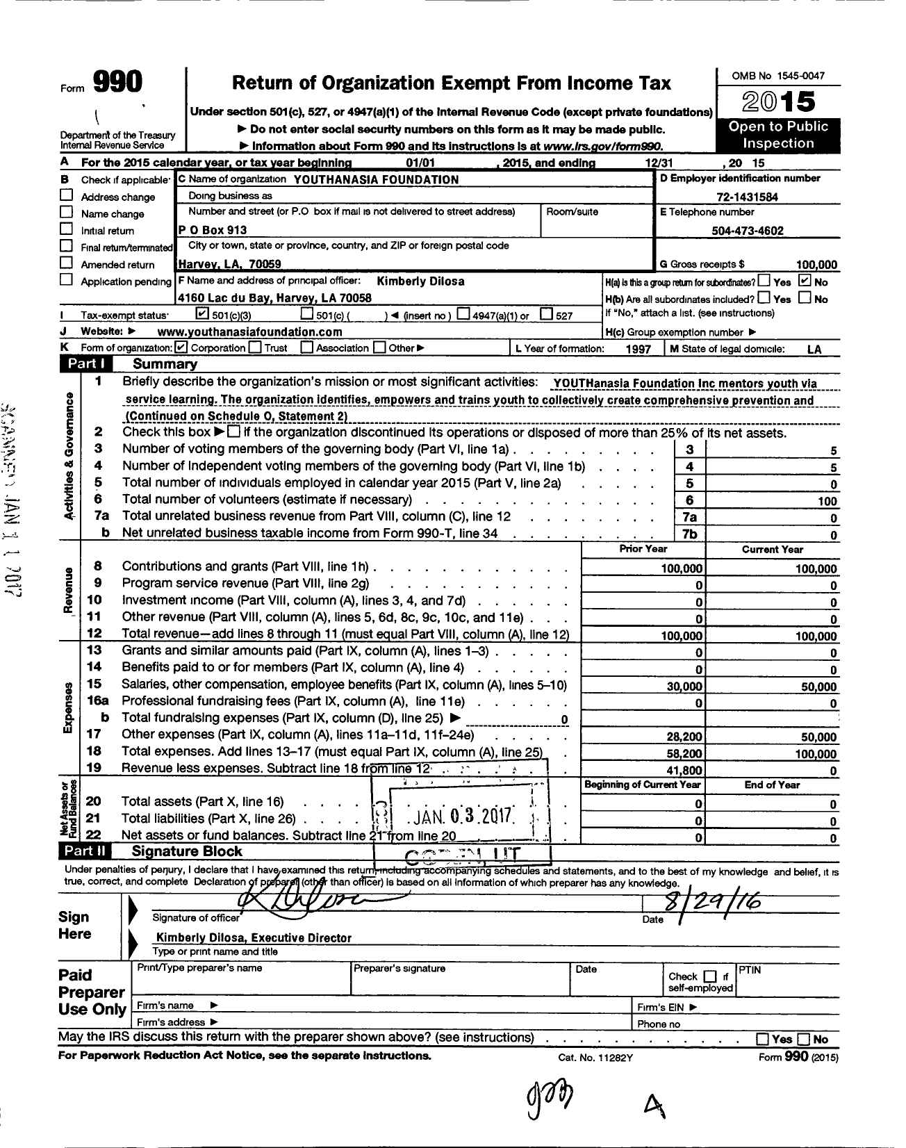 Image of first page of 2015 Form 990 for Youthanasia Foundation