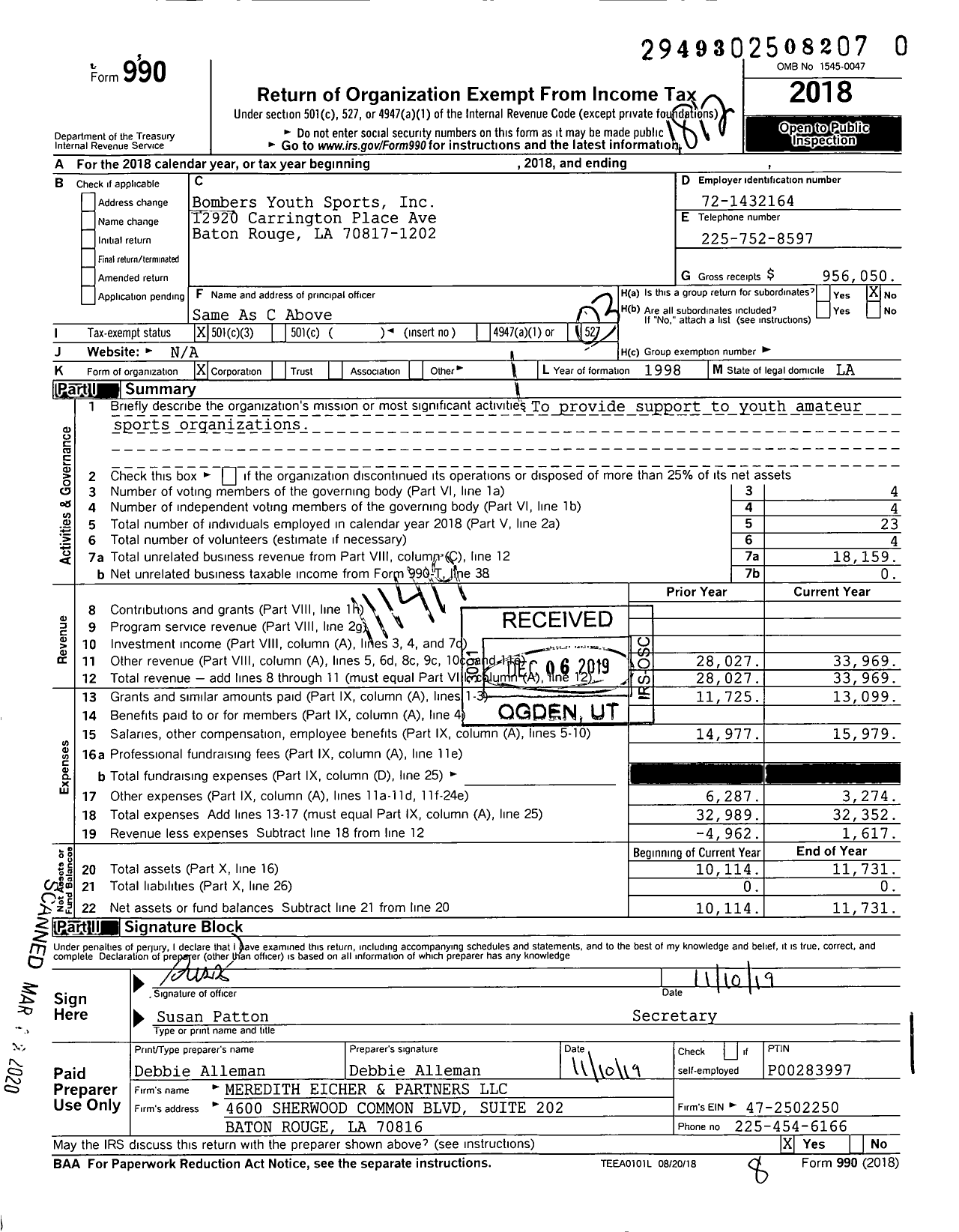 Image of first page of 2018 Form 990 for Bombers Youth Sports