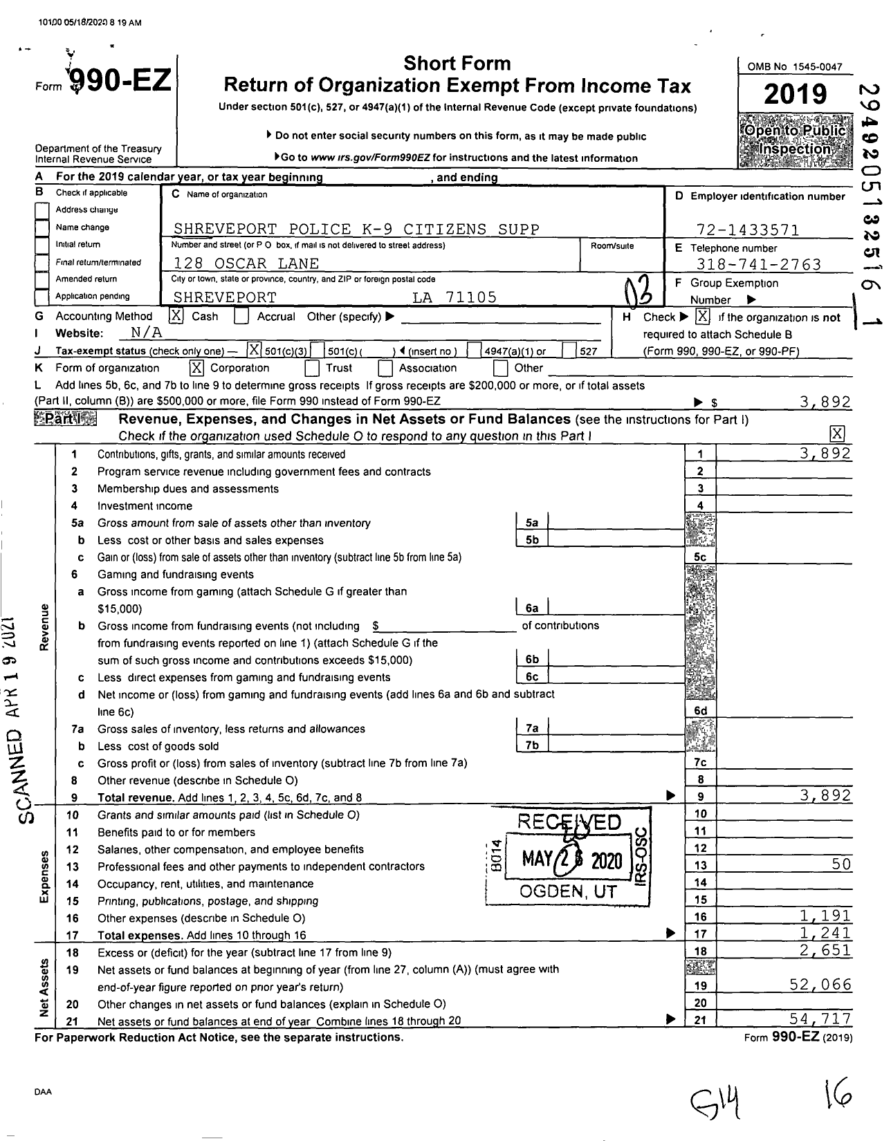 Image of first page of 2019 Form 990EZ for Shreveport Police K-9 Citizens Support