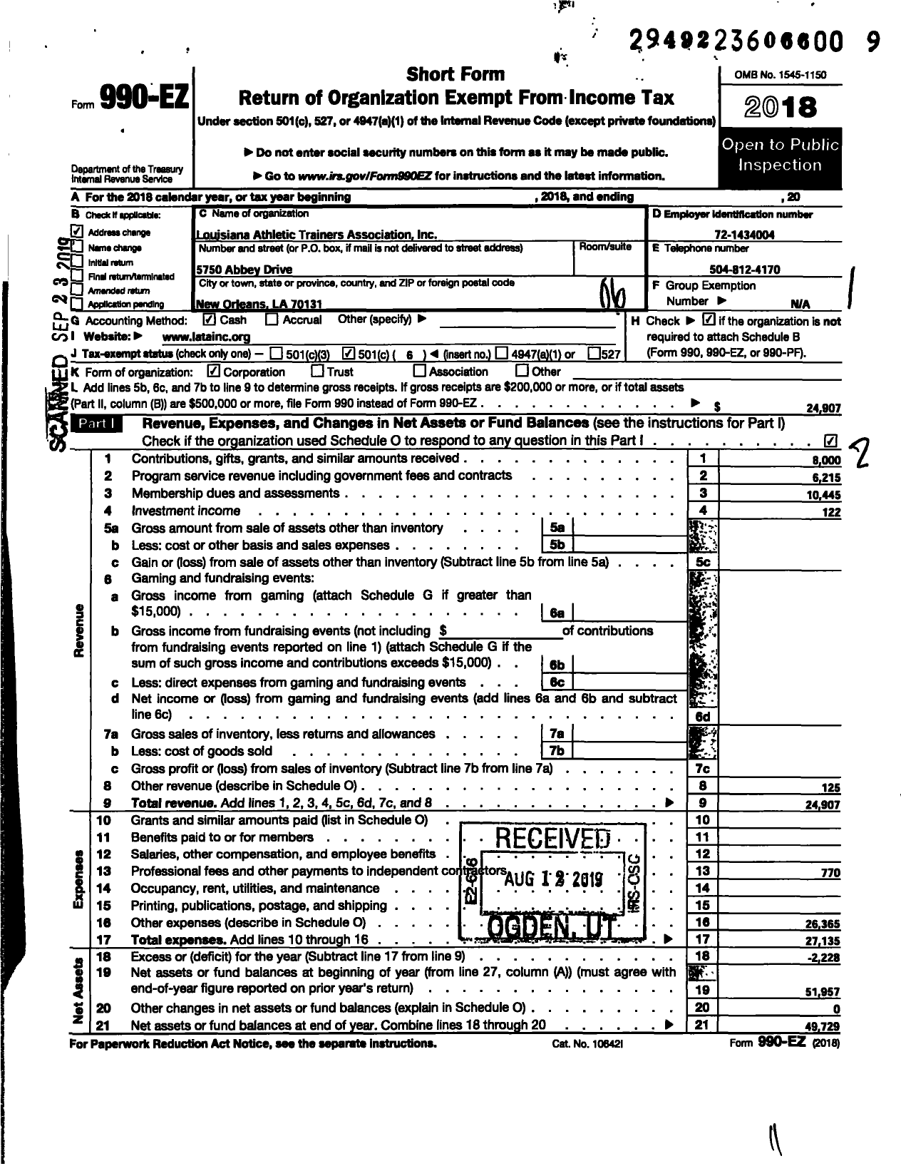 Image of first page of 2018 Form 990EO for Louisiana Athletic Trainers Association (LATA)