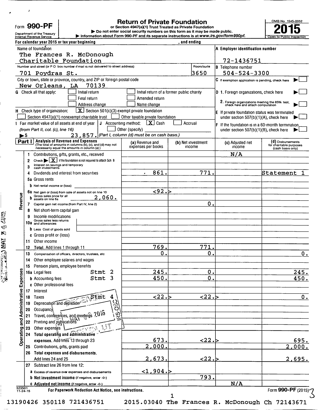 Image of first page of 2015 Form 990PF for The Frances R McDonough Charitable Foundation