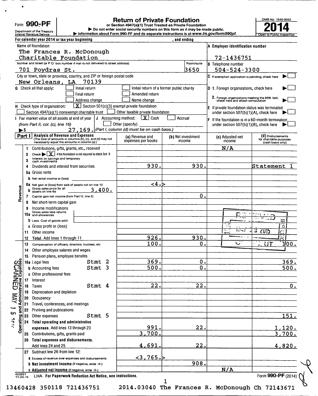 Image of first page of 2014 Form 990PF for The Frances R McDonough Charitable Foundation