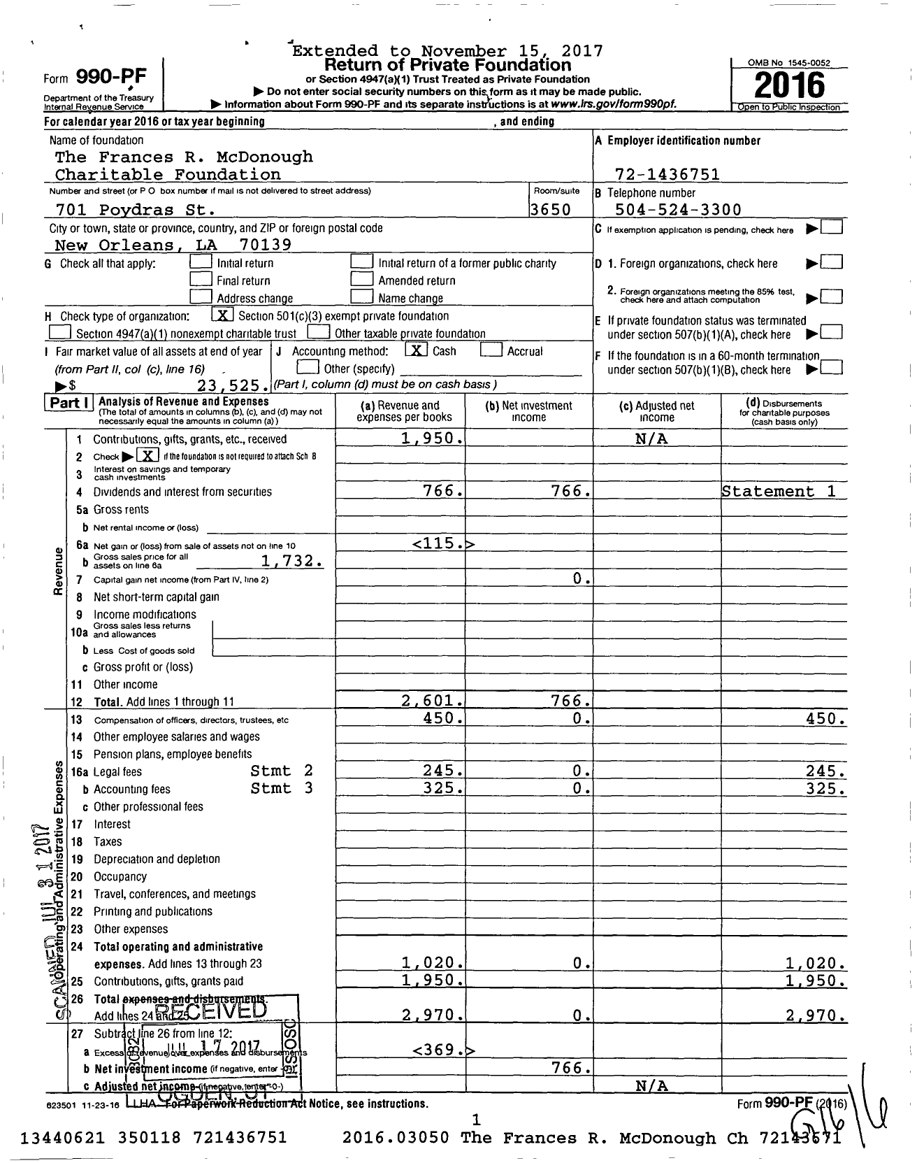 Image of first page of 2016 Form 990PF for The Frances R McDonough Charitable Foundation