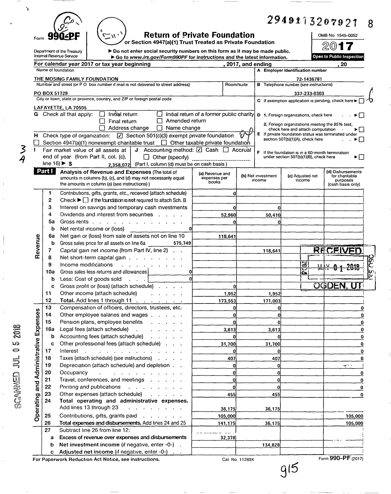 Image of first page of 2017 Form 990PF for The Mosing Family Foundation