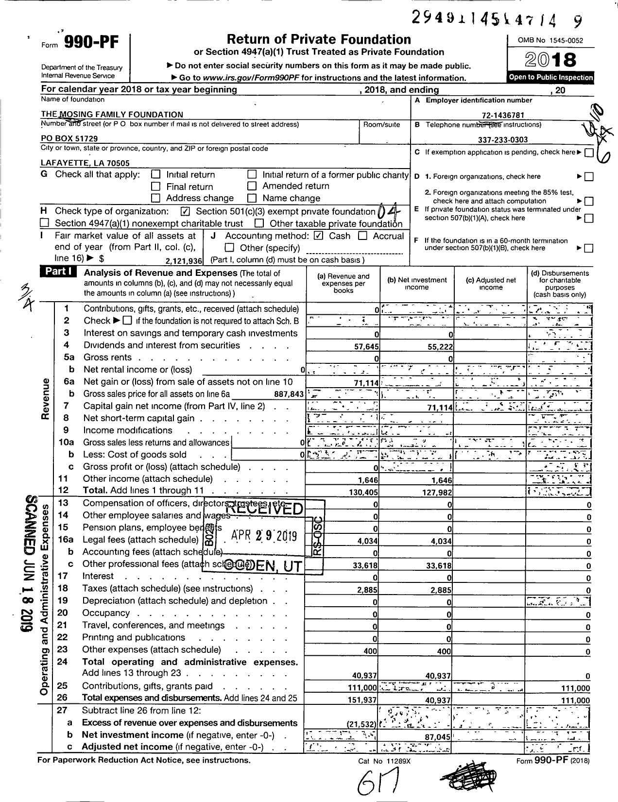 Image of first page of 2018 Form 990PF for The Mosing Family Foundation