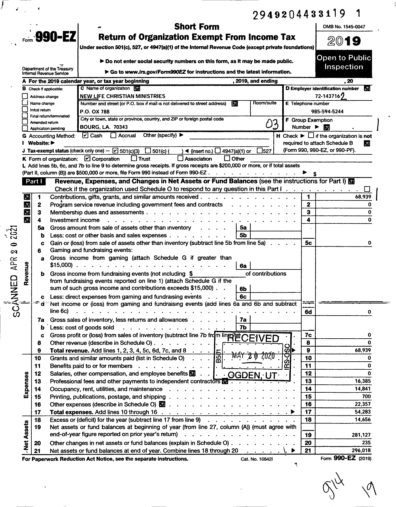 Image of first page of 2019 Form 990EZ for New Life Christian Ministries