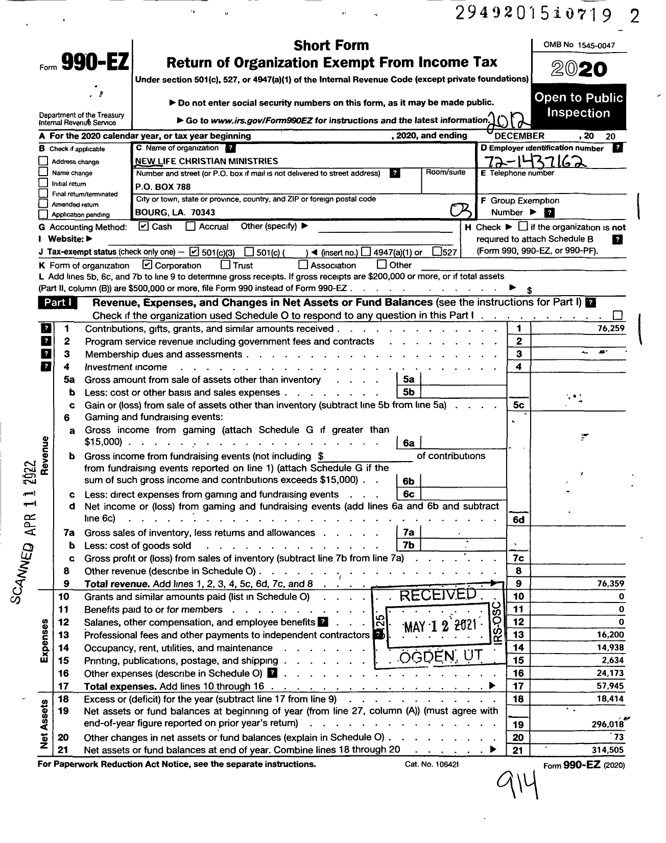 Image of first page of 2020 Form 990EZ for New Life Christian Ministries