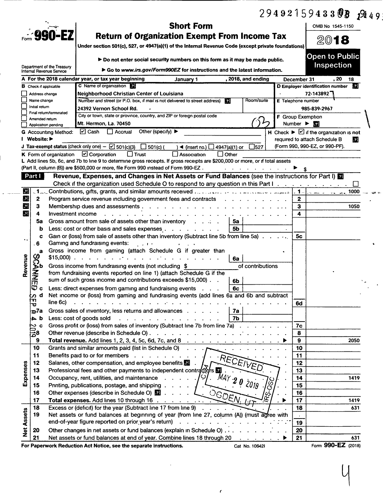 Image of first page of 2018 Form 990EZ for Neighborhood Christian Center of Louisiana