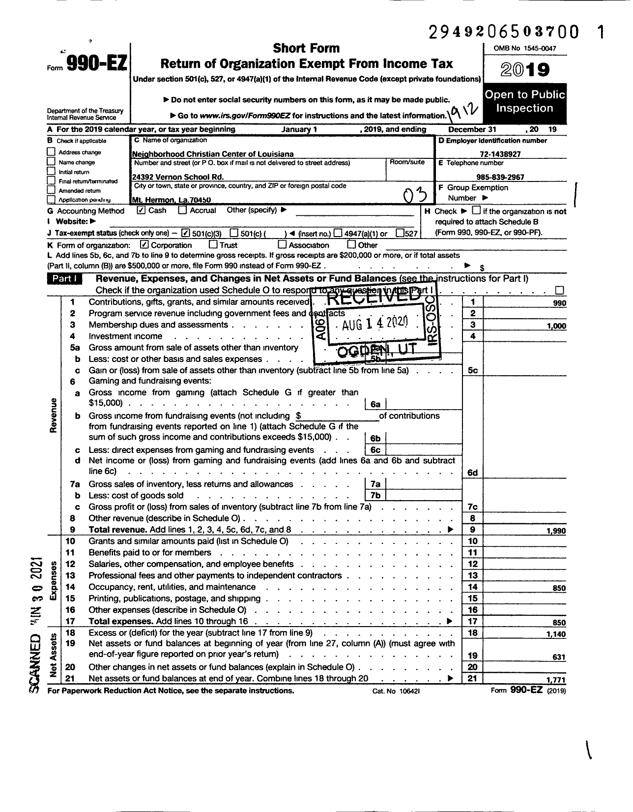 Image of first page of 2019 Form 990EZ for Neighborhood Christian Center of Louisiana