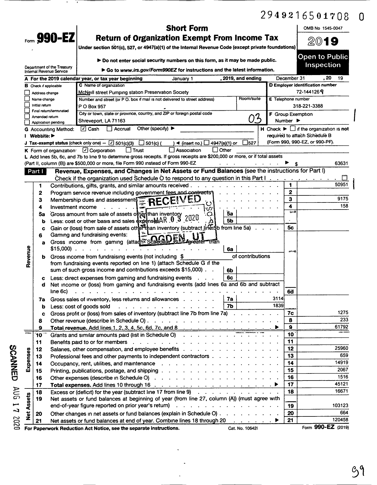 Image of first page of 2019 Form 990EZ for Mcneill Street Pumping Station Preservation Society