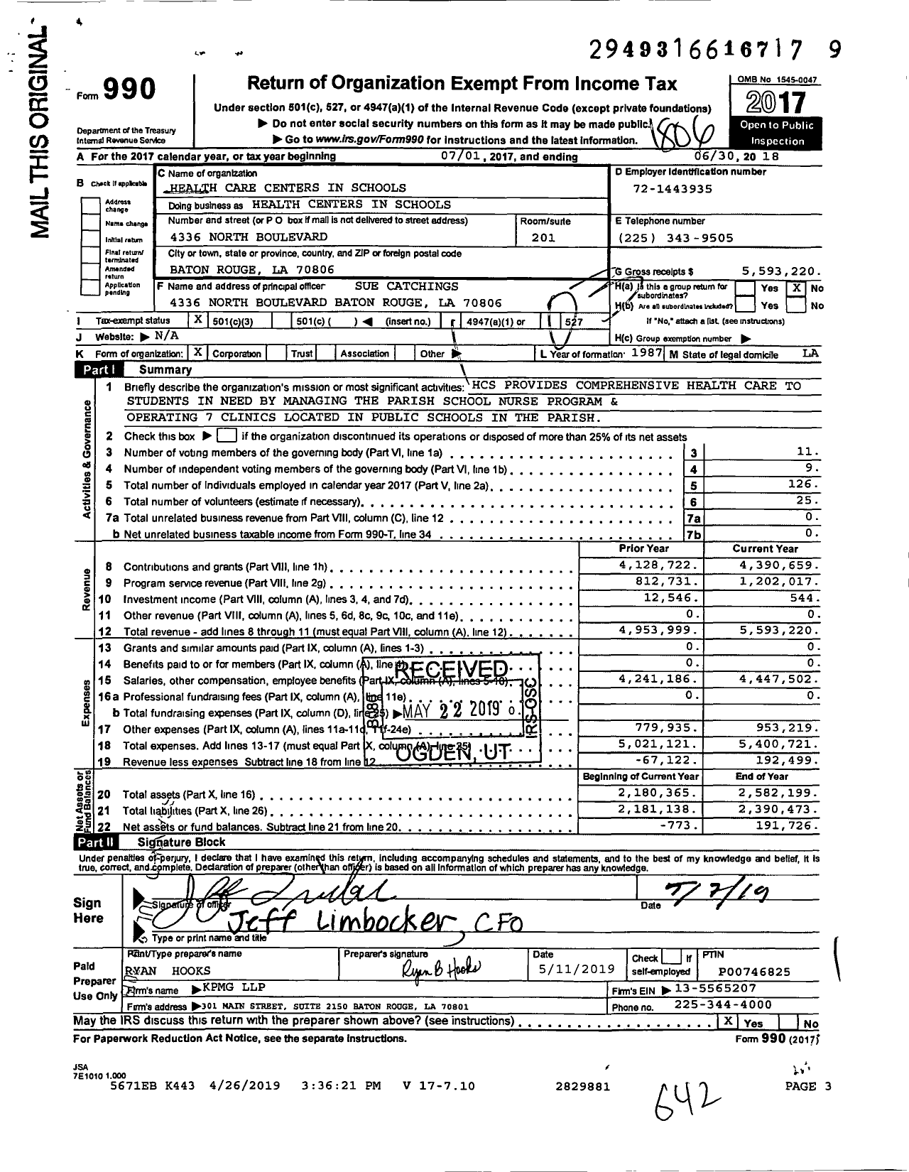 Image of first page of 2017 Form 990 for Health Care Centers in Schools (HCS)