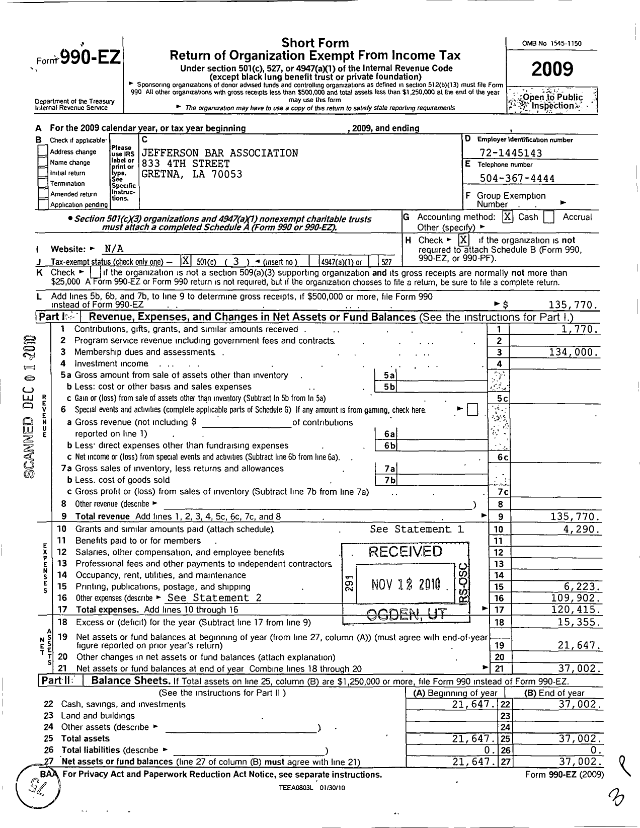 Image of first page of 2009 Form 990EZ for Jefferson Bar Association