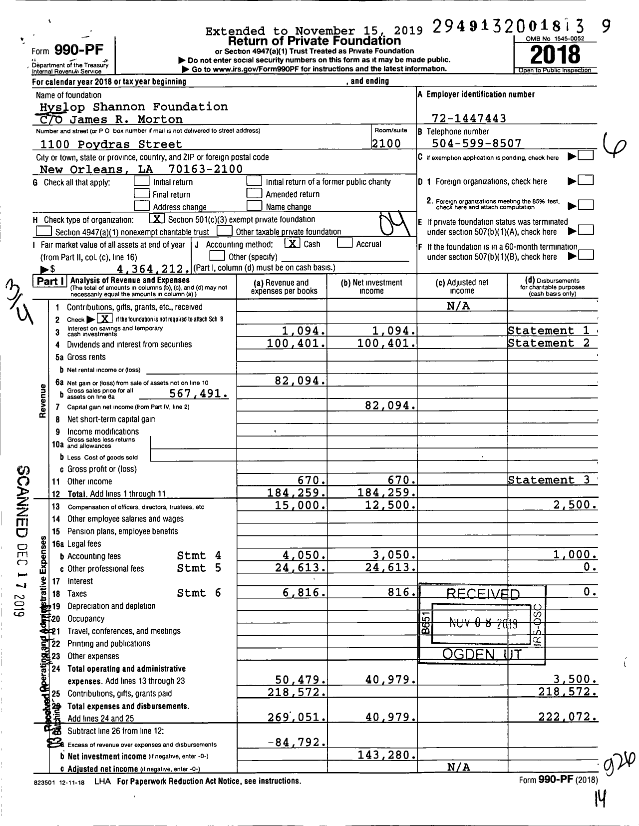 Image of first page of 2018 Form 990PF for Hyslop Shannon Foundation