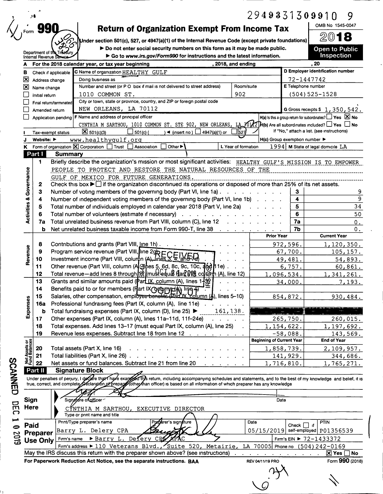 Image of first page of 2018 Form 990 for Healthy Gulf