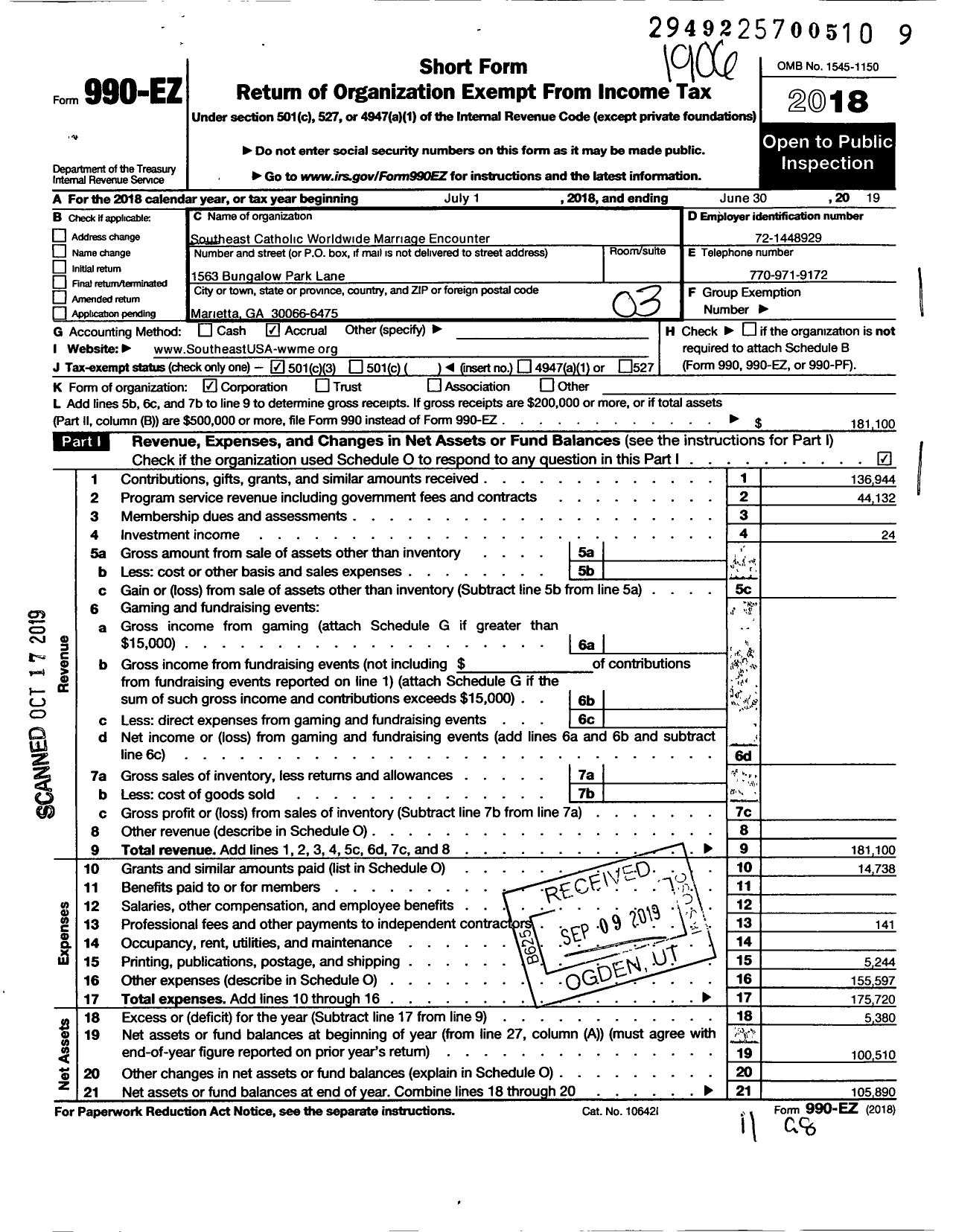 Image of first page of 2018 Form 990EZ for Southeast Catholic Worldwide Marriage Encounter