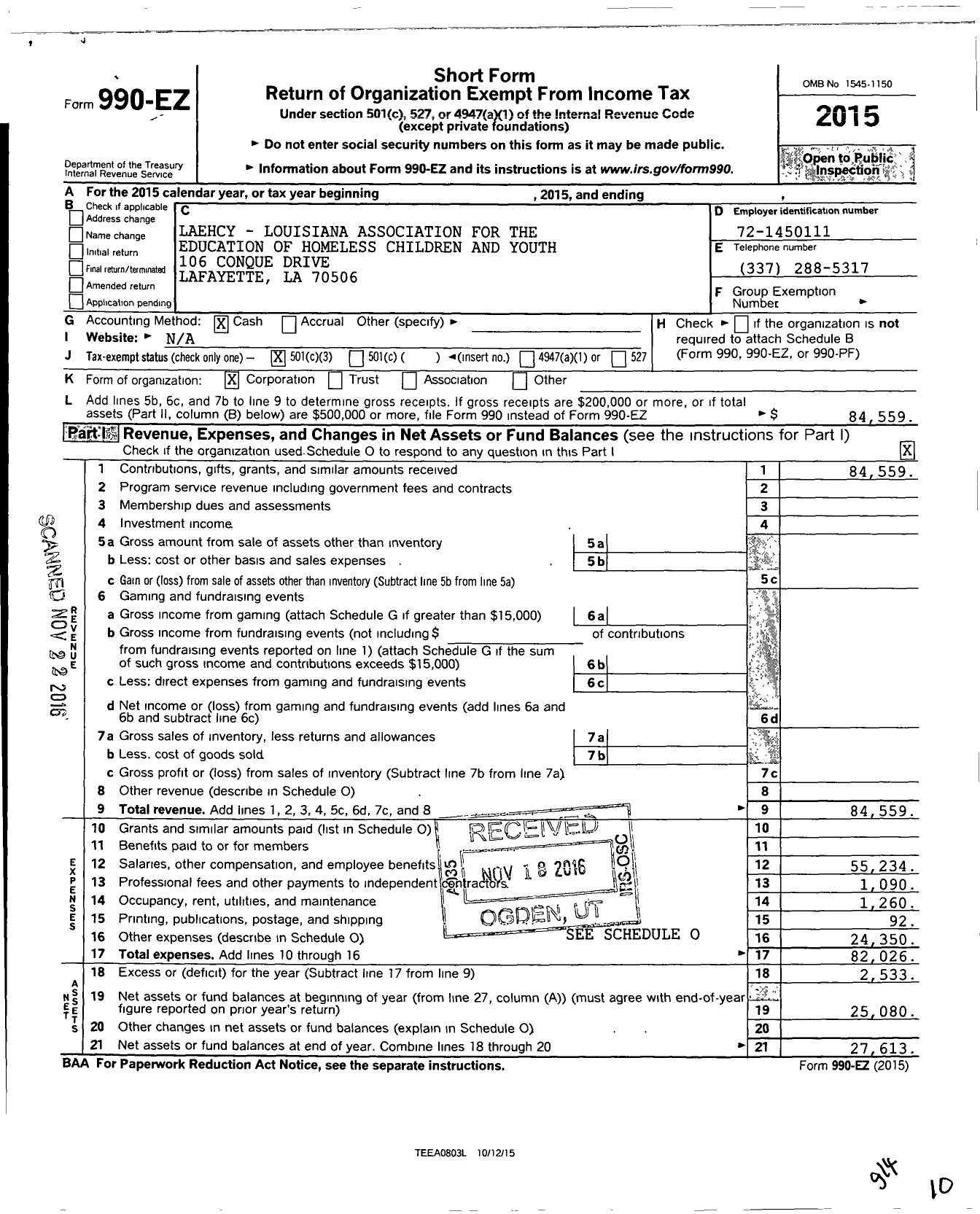 Image of first page of 2015 Form 990EZ for Laehcy-Louisiana Association for the Education of Homeless Children-You