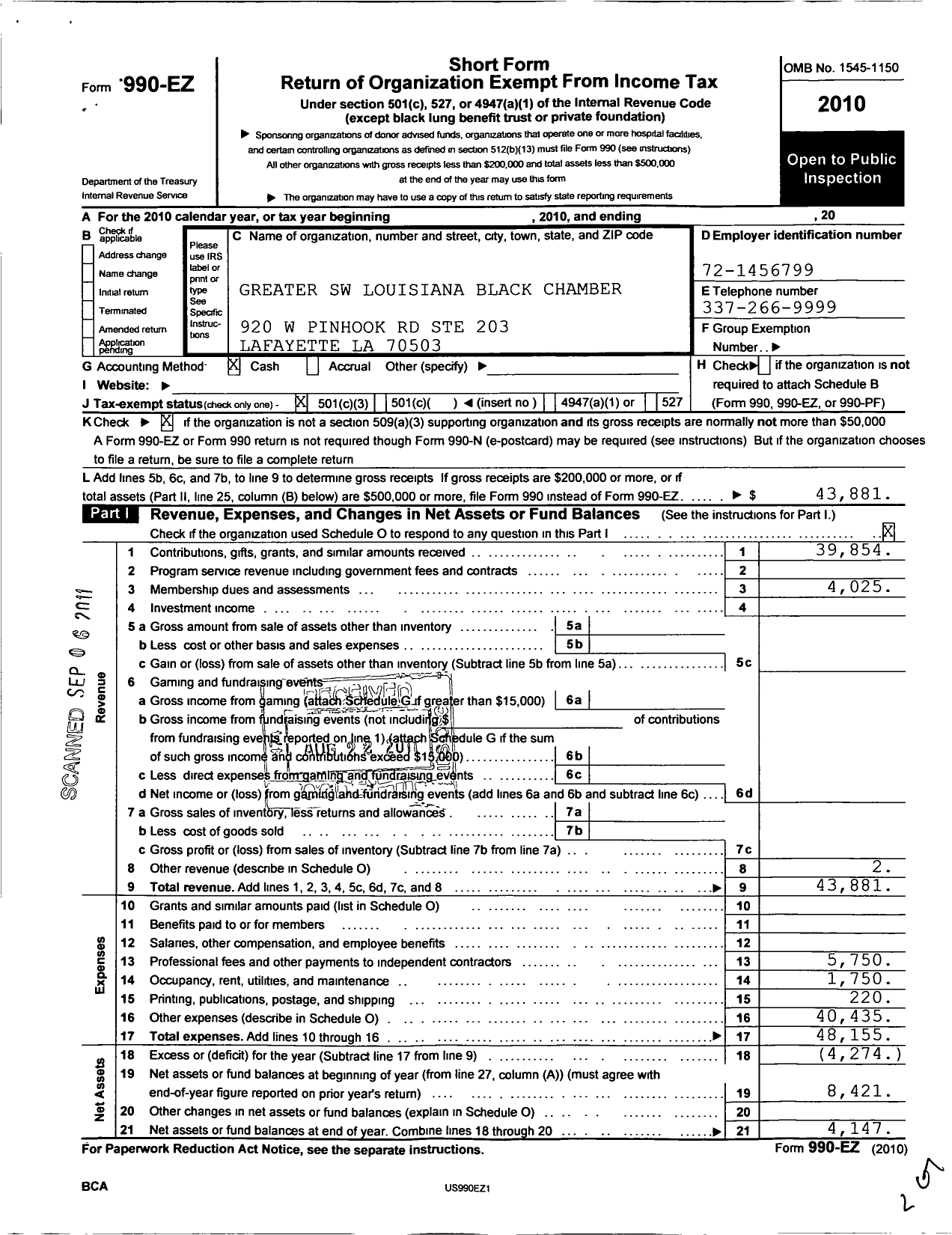 Image of first page of 2010 Form 990EZ for Greater Southwest Black Chamber of Commerce