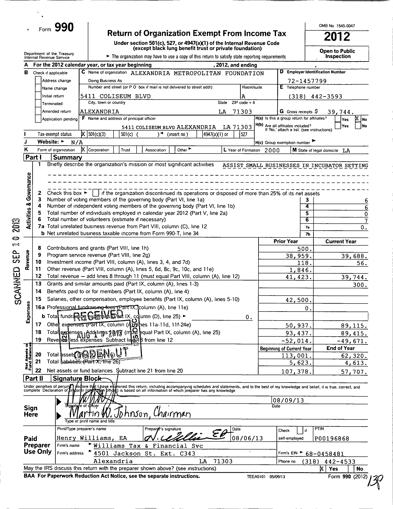 Image of first page of 2012 Form 990 for Alexandria Metropolitan Foundation