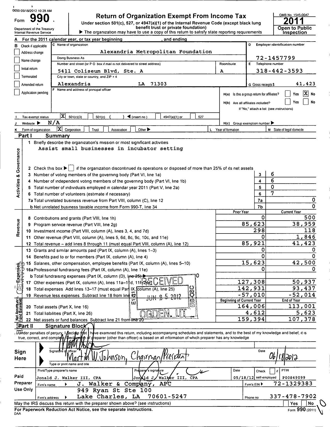 Image of first page of 2011 Form 990 for Alexandria Metropolitan Foundation