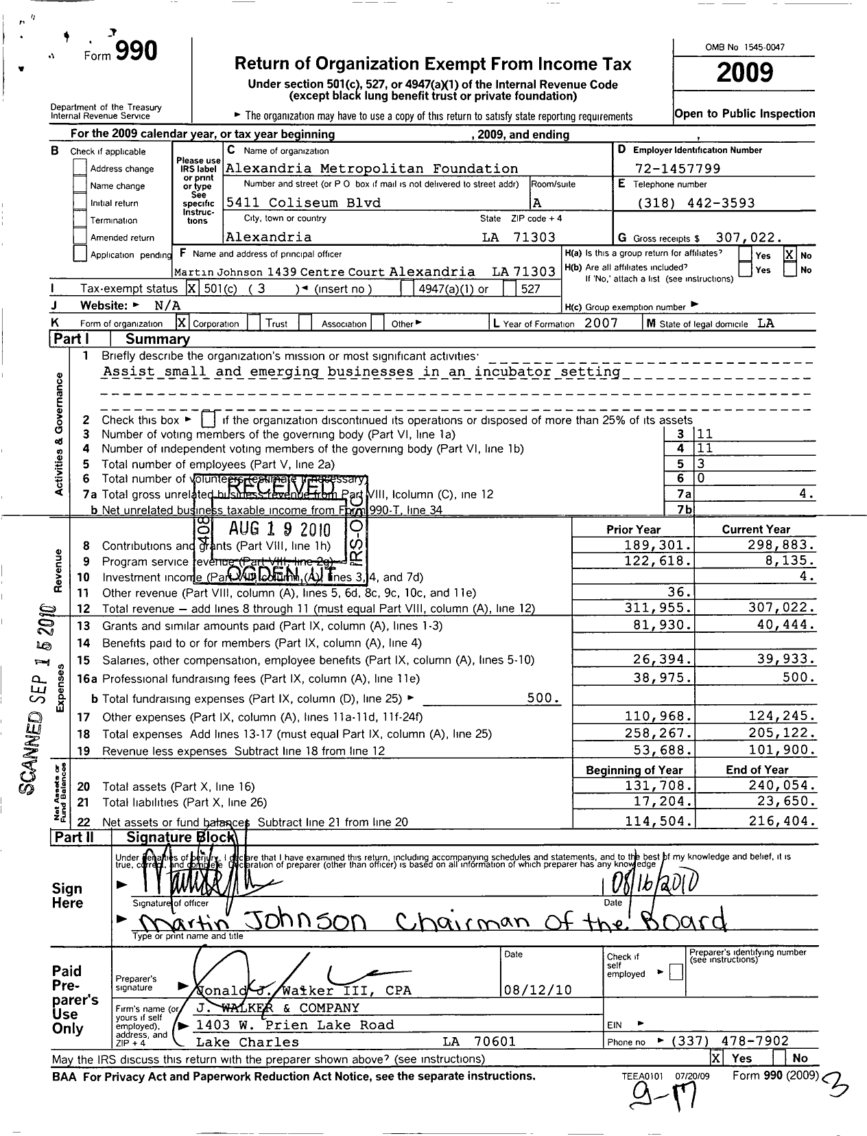 Image of first page of 2009 Form 990 for Alexandria Metropolitan Foundation