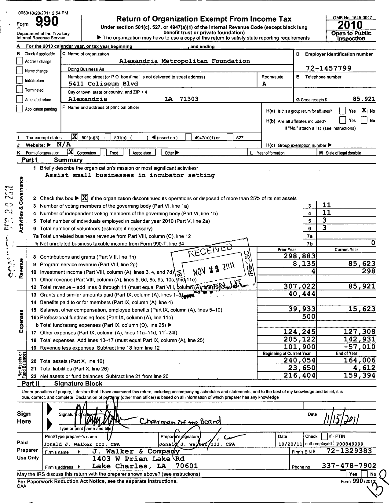 Image of first page of 2010 Form 990 for Alexandria Metropolitan Foundation
