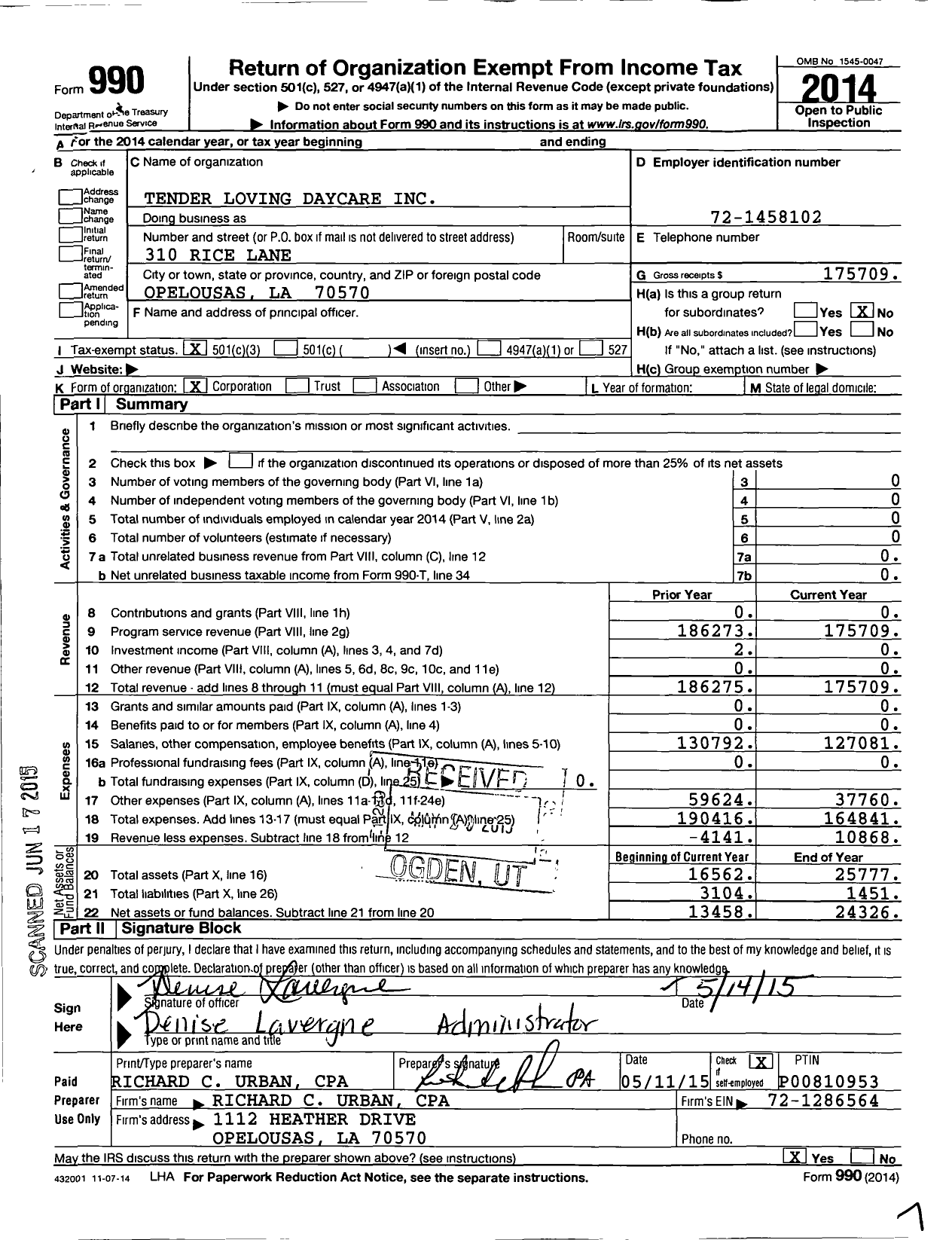 Image of first page of 2014 Form 990 for Tender Loving Daycare