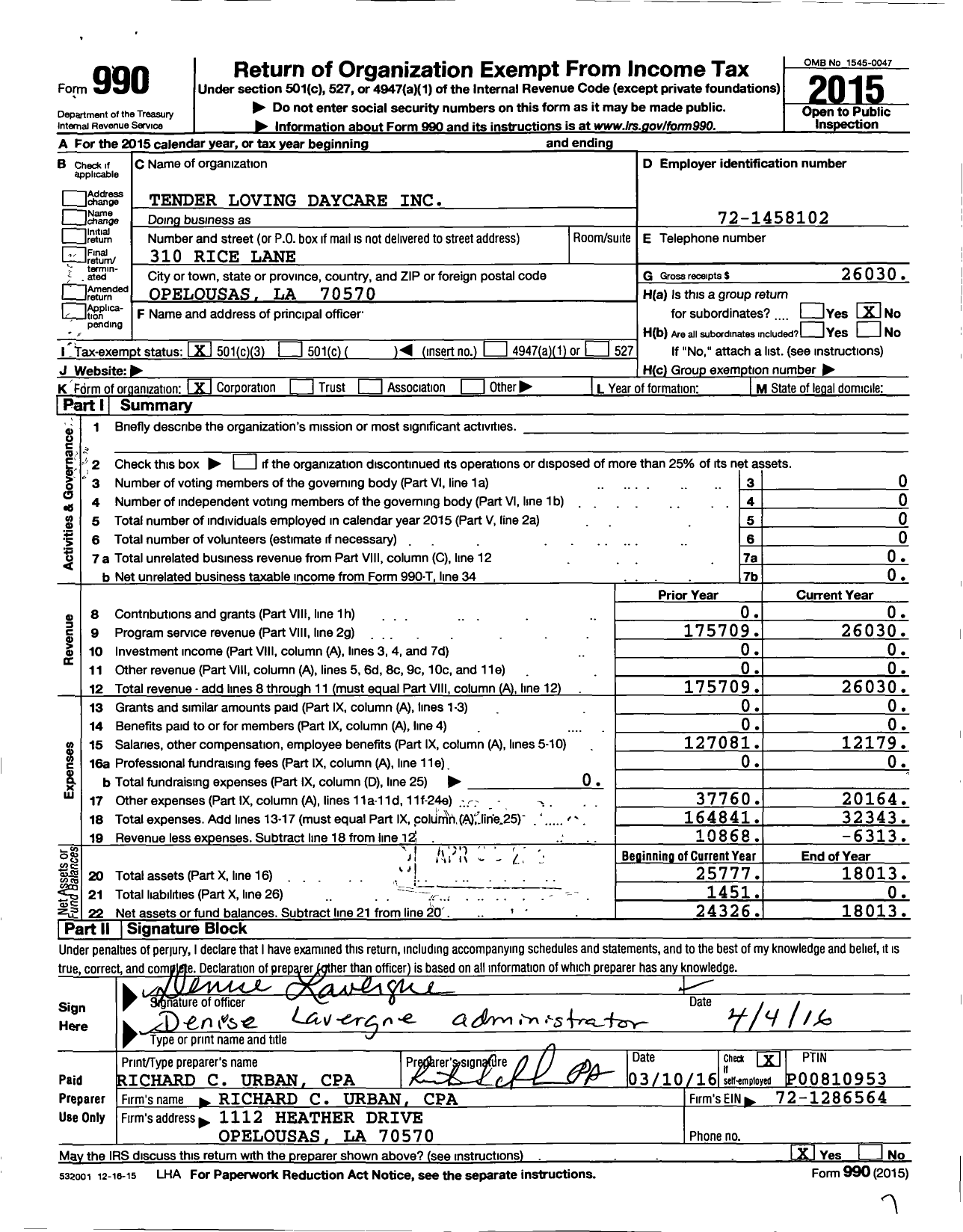 Image of first page of 2015 Form 990 for Tender Loving Daycare