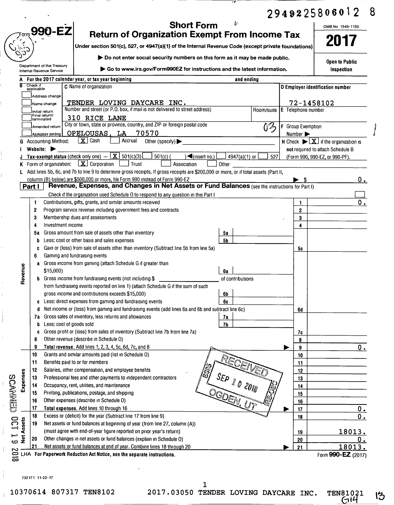 Image of first page of 2017 Form 990EZ for Tender Loving Daycare