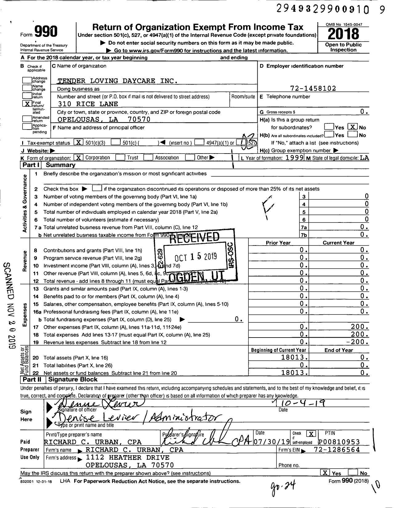 Image of first page of 2018 Form 990 for Tender Loving Daycare