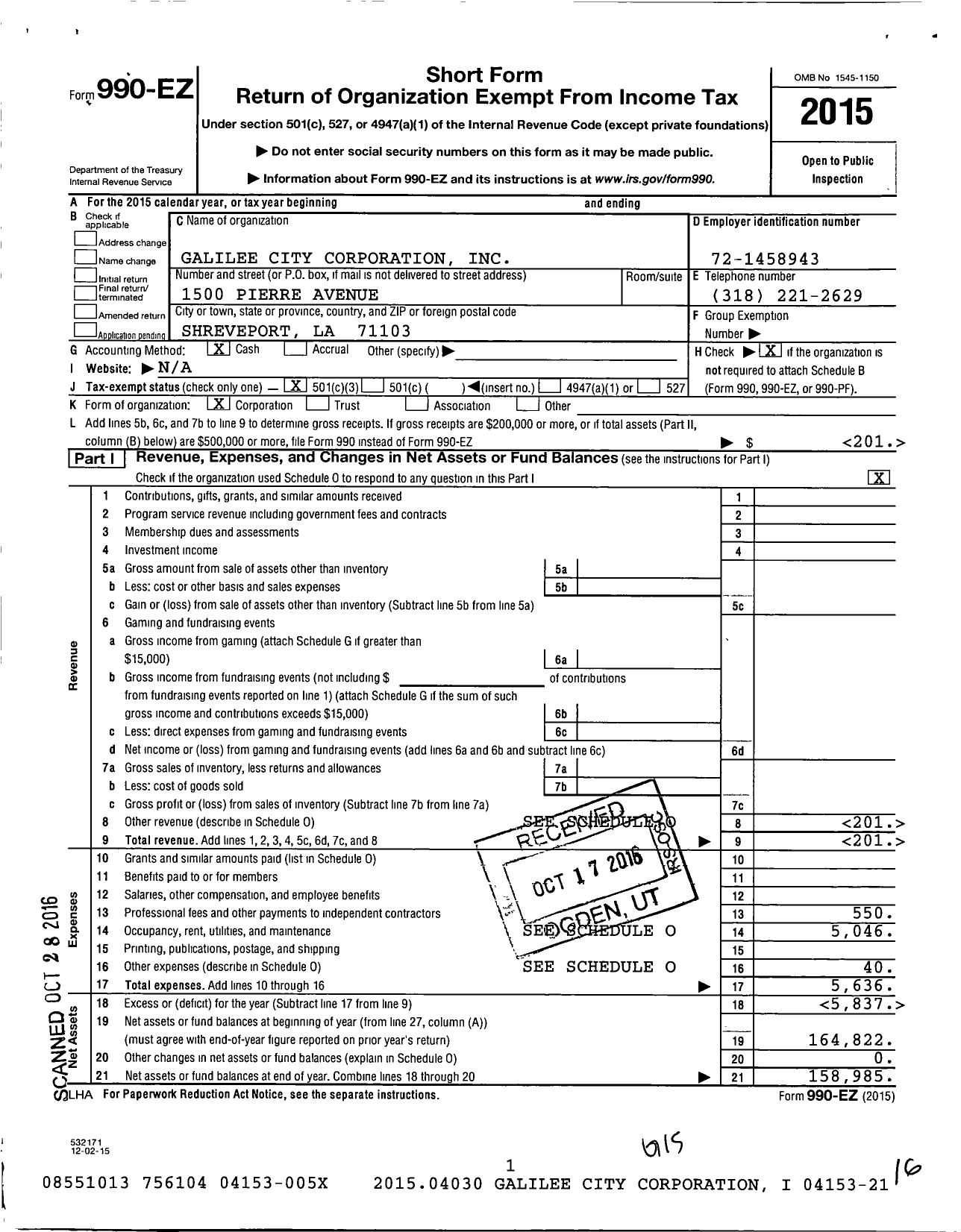 Image of first page of 2015 Form 990EZ for Galilee City Corporation