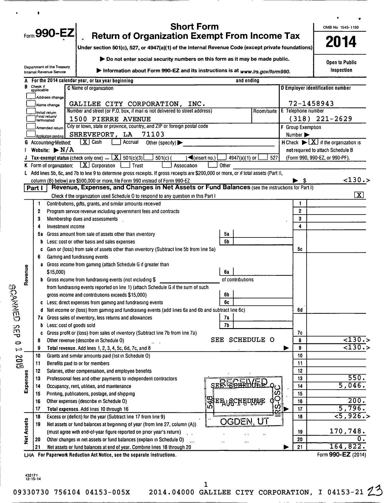 Image of first page of 2014 Form 990EZ for Galilee City Corporation