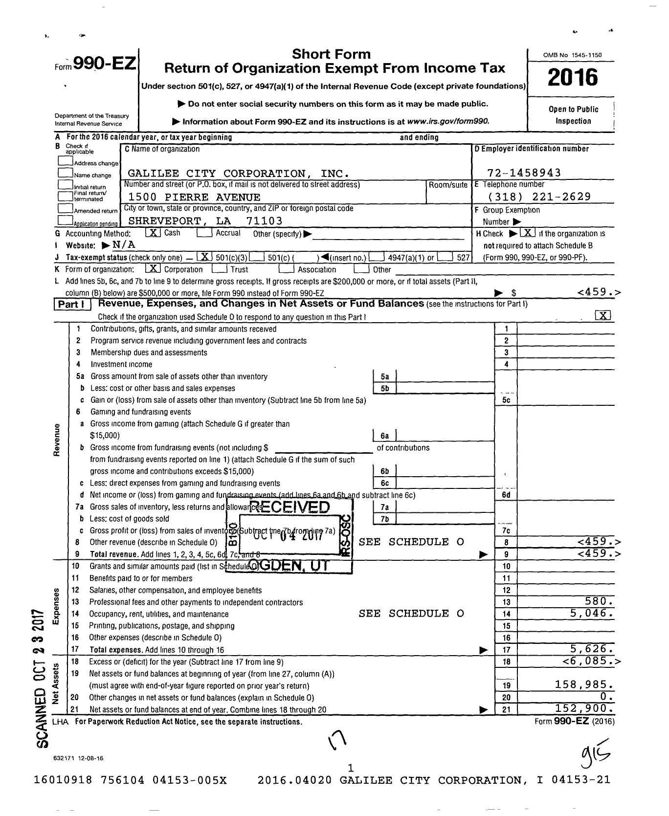 Image of first page of 2016 Form 990EZ for Galilee City Corporation