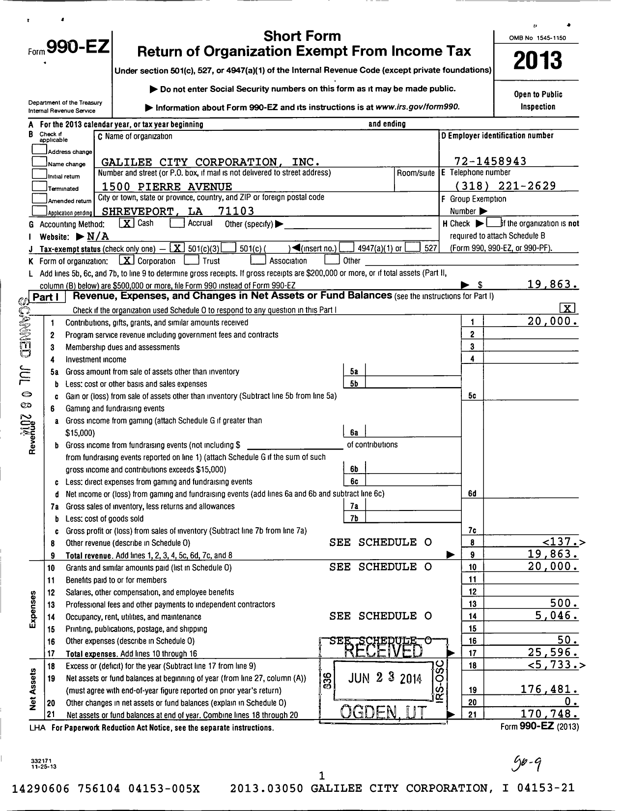 Image of first page of 2013 Form 990EZ for Galilee City Corporation