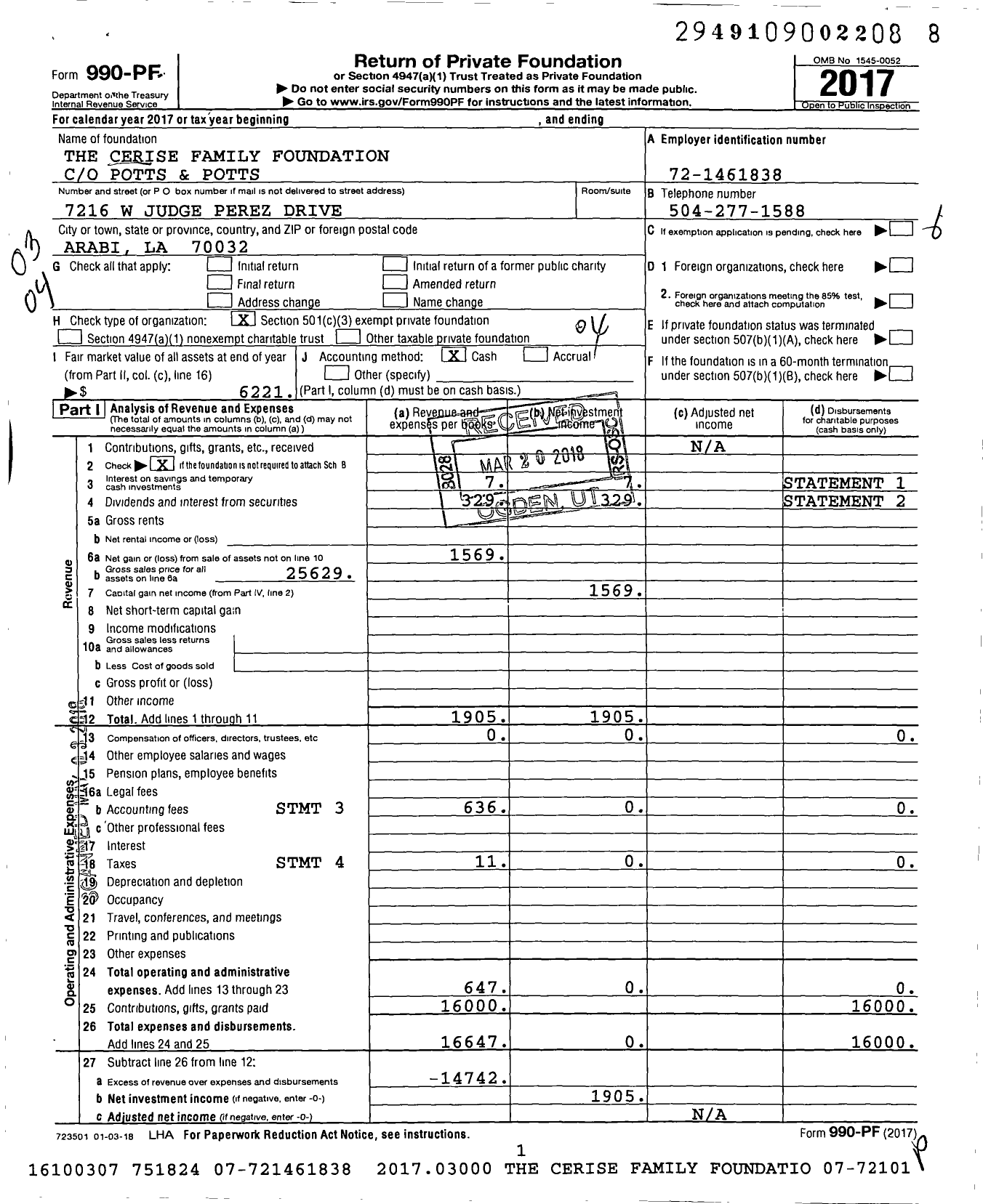 Image of first page of 2017 Form 990PF for The Cerise Family Foundation