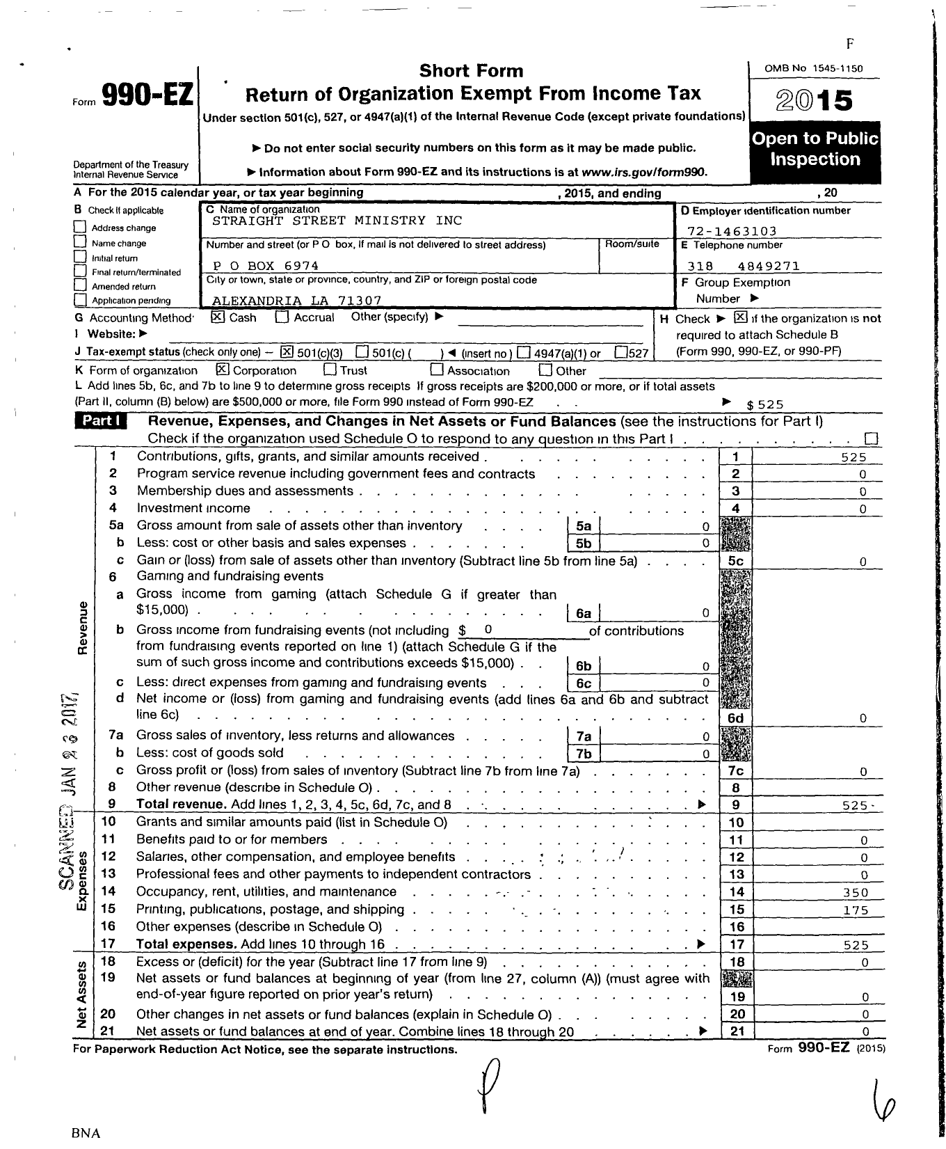 Image of first page of 2015 Form 990EZ for Straight Street Ministry